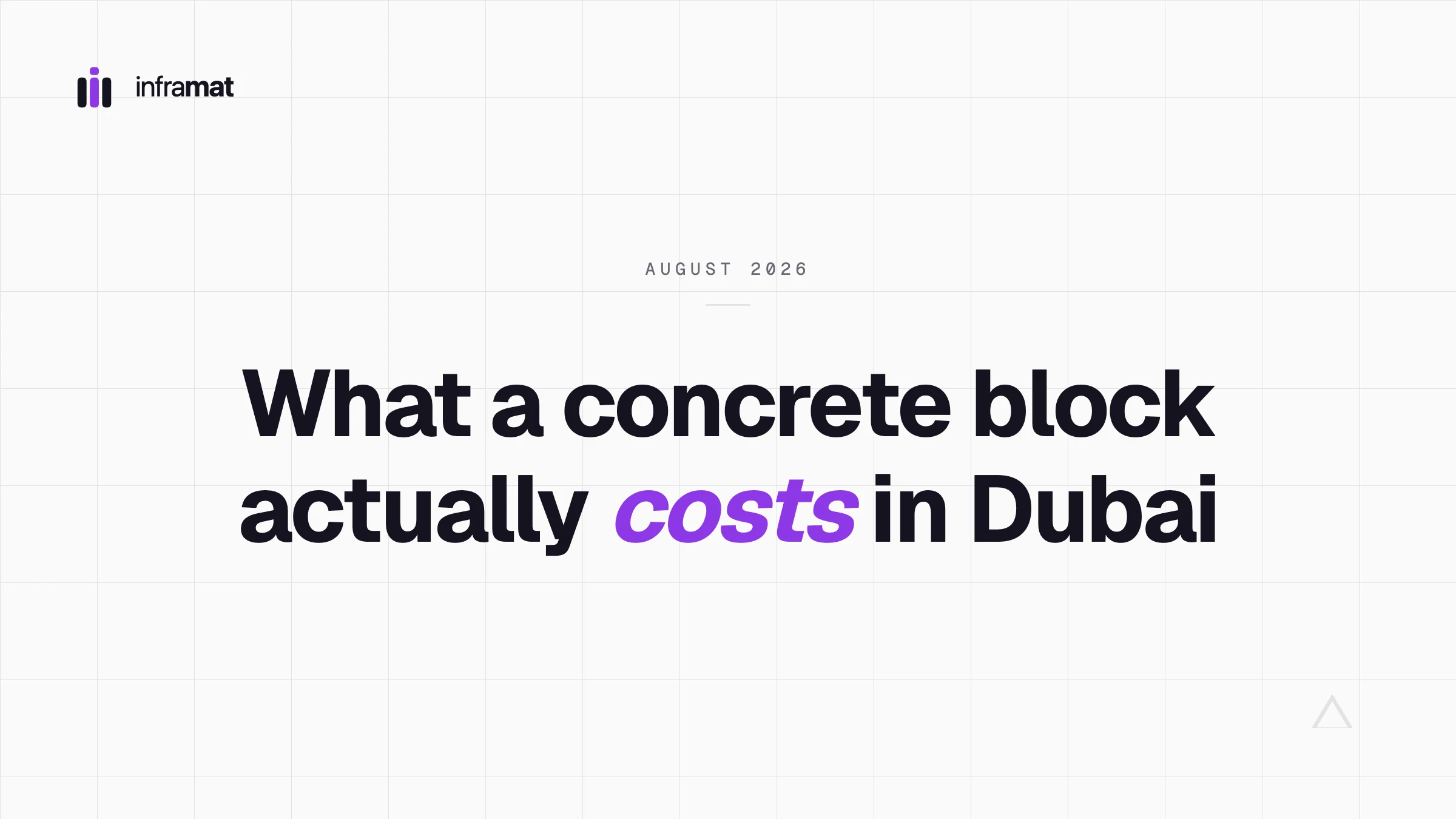 Cover: the Inframat mark over a hairline grid, dated August 2026, under the headline “What a concrete block actually costs in Dubai” with the word “costs” set in violet italic.