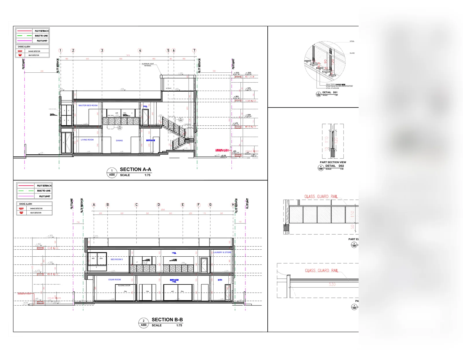 Architectural sheet A300, showing vertical sections A-A and B-B cut through the villa with floor-to-floor heights and levels marked.